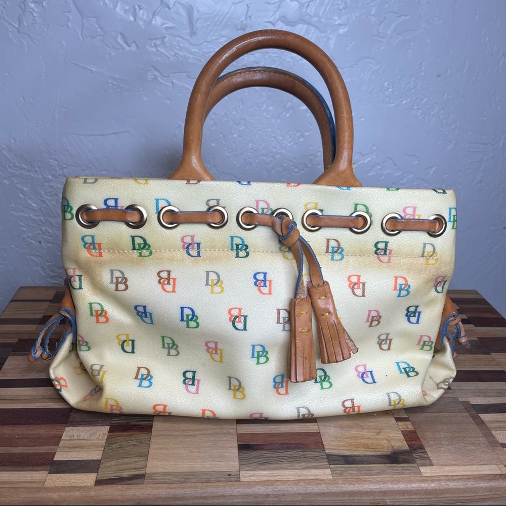 VTG Dooney & Bourke Mini IT Tassel Tote DB Logo Coated Canvas Leather Trim